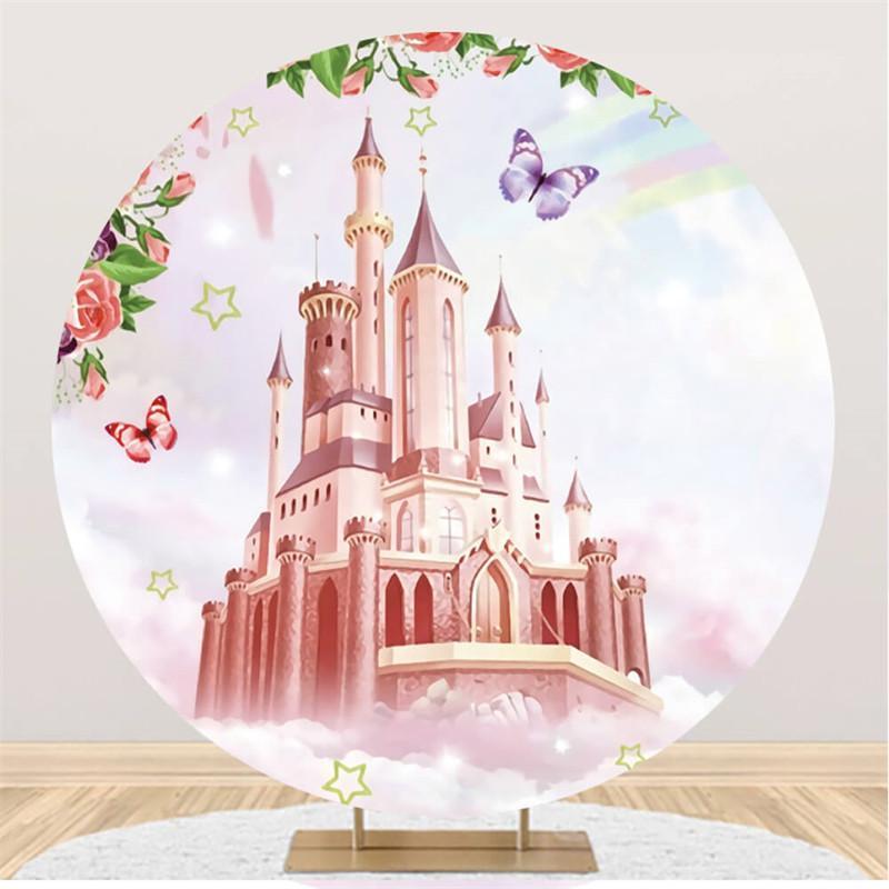 Lofaris Butterfly Pink Castle Circle Happy Birthday Backdrop