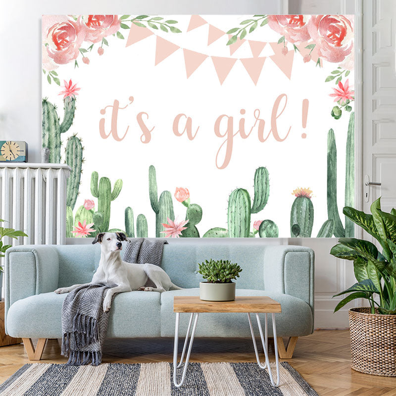 Lofaris Cactus and Pink Floral Its A Girl Baby Shower Backdrop