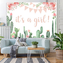 Lofaris Cactus and Pink Floral Its A Girl Baby Shower Backdrop
