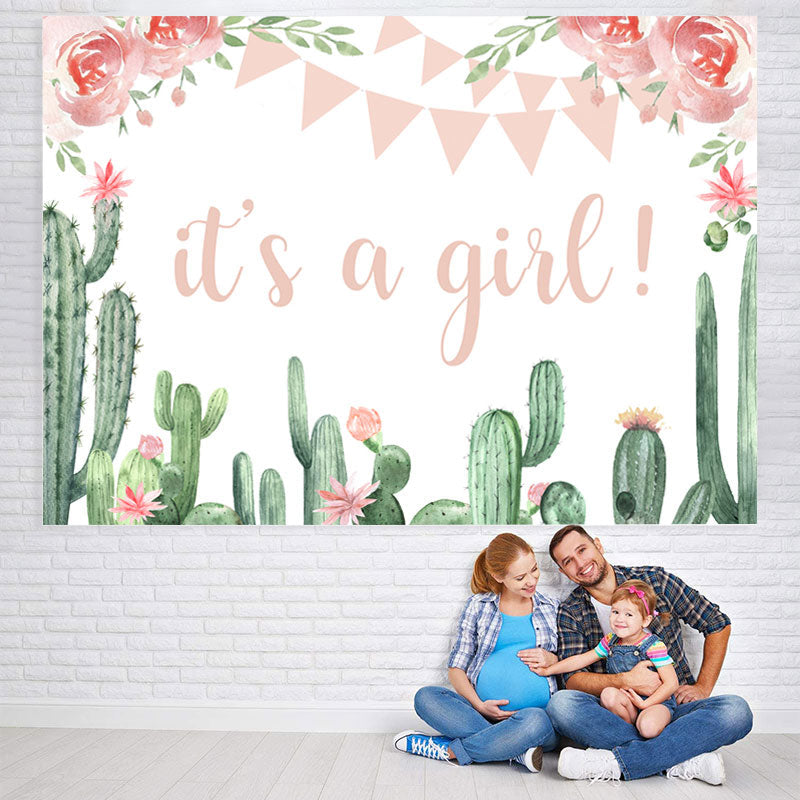 Lofaris Cactus and Pink Floral Its A Girl Baby Shower Backdrop