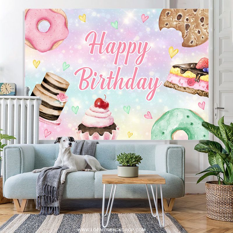 Lofaris Candy Land Cupcake Donut Cookie Happy Birthday Backdrop