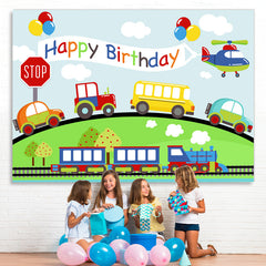 Lofaris Car Plane Train On The Way Happy Birthday Backdrop