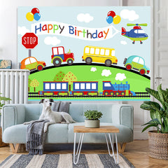 Lofaris Car Plane Train On The Way Happy Birthday Backdrop