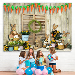 Lofaris Carrots With Toy Rabbits Wooden Happy Easter Backdrop