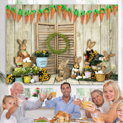 Lofaris Carrots With Toy Rabbits Wooden Happy Easter Backdrop