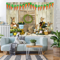 Lofaris Carrots With Toy Rabbits Wooden Happy Easter Backdrop