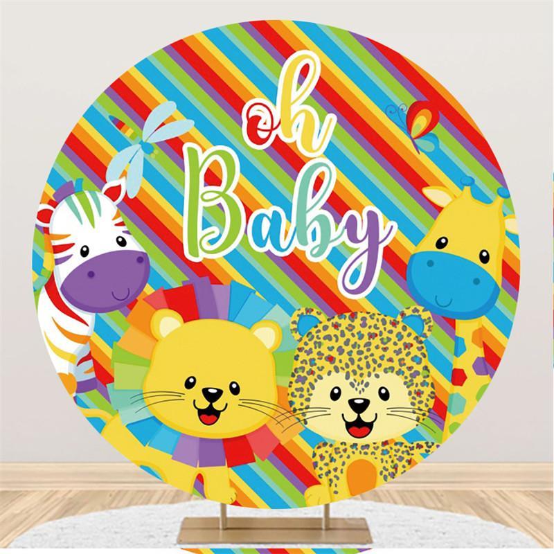 Lofaris Cartoon Animals Stripes Round Backdrops for Baby Shower