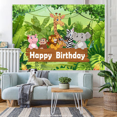 Lofaris Cartoon Green Forest Animals Happy Birthday Backdrop