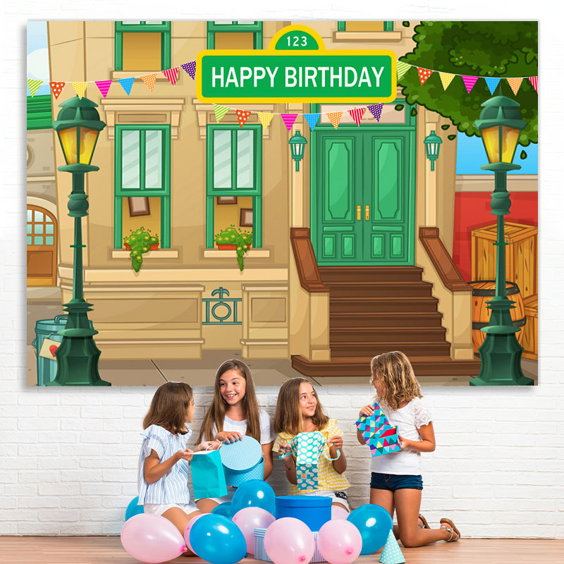 Lofaris Cartoon House And Green Lamp Happy Birthday Backdrop