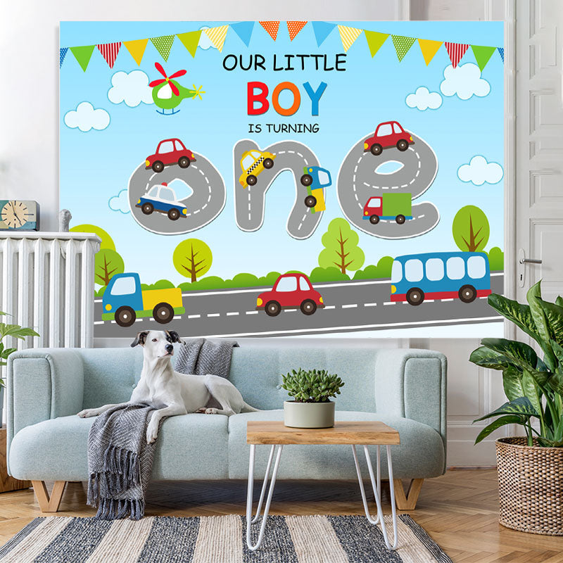 Lofaris Cartoon Vehicle With Highway 1st Birthday Backdrop