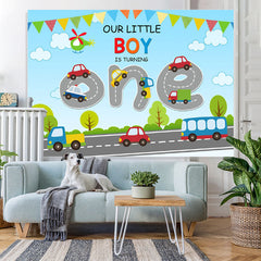 Lofaris Cartoon Vehicle With Highway 1st Birthday Backdrop