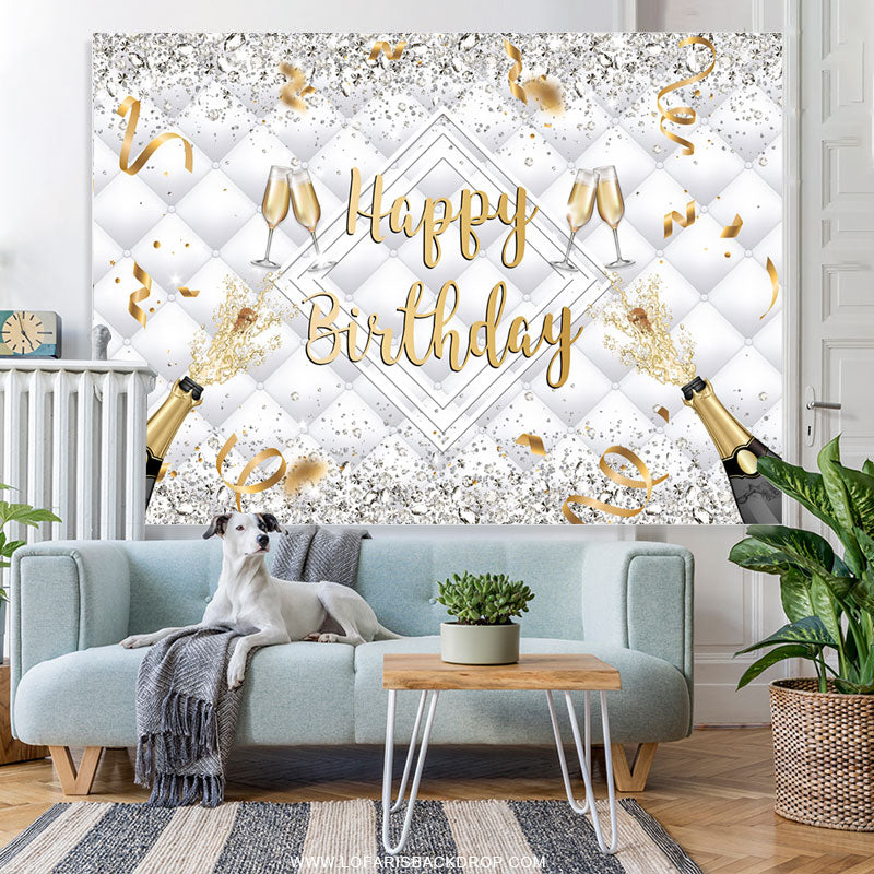 Lofaris Champagne Bottle Glass Ribbion Happy Birthday Backdrop