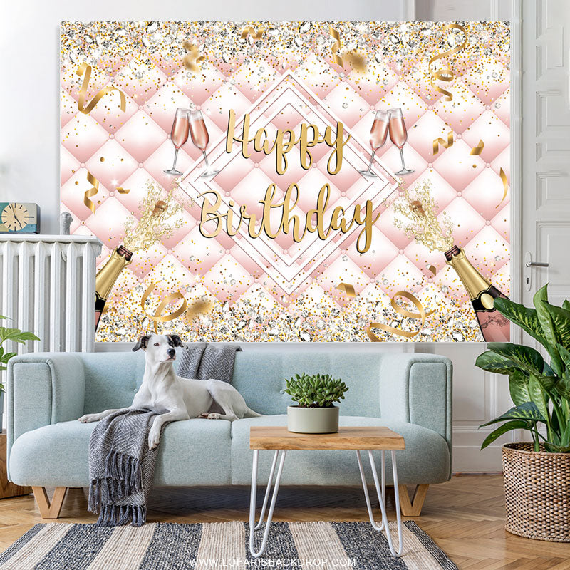 Lofaris Champagne Bottle Ribbions Happy Birthday Backdrop