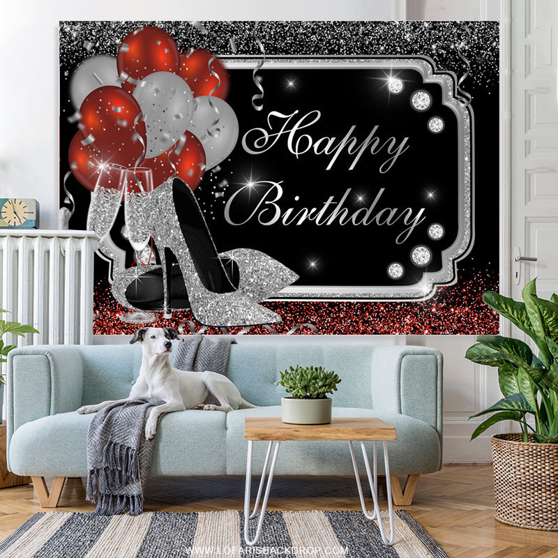 Lofaris Champagne Glass Heels Balloons Happy Birthday Backdrop