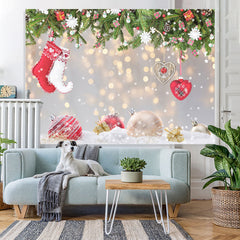 Lofaris Christmas Socks Snowflake Tree Gold Glitter Photo Backdrop