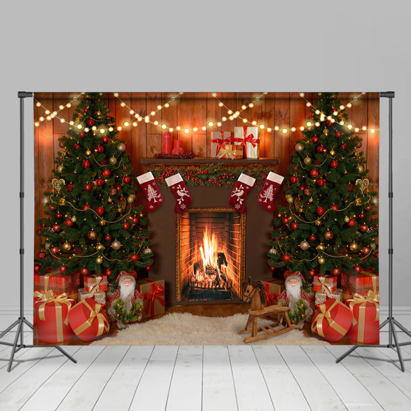 Lofaris Christmas Tree Gifts In Warm Mantel Backdrop For Party