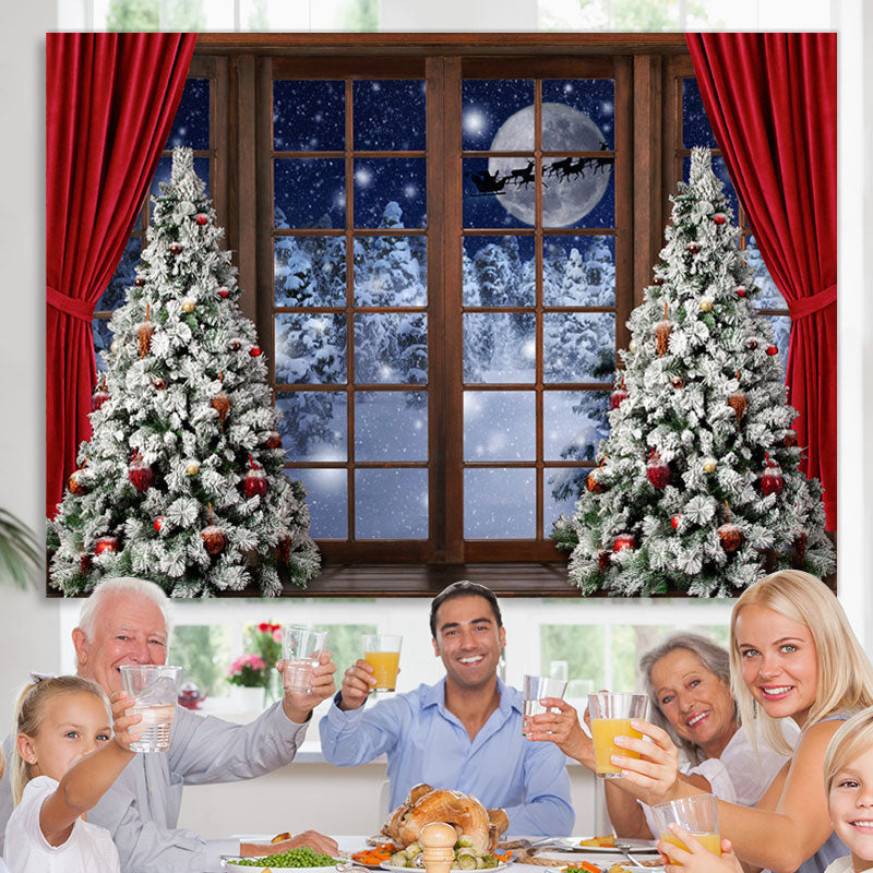 Lofaris Christmas Tree Red Curtain Wood Door Snow Moon Night Backdrop
