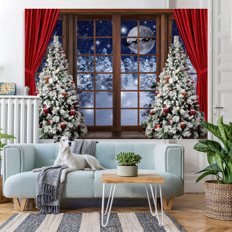 Lofaris Christmas Tree Red Curtain Wood Door Snow Moon Night Backdrop