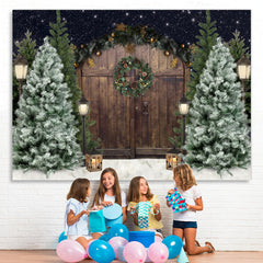 Lofaris Christmas Tree Winter Snow Wooden Door Backdrop for Photo