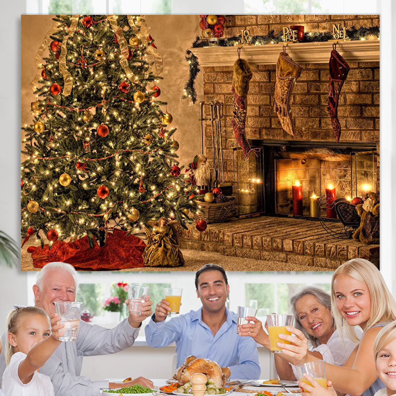 Lofaris Christmas Tree With Fireplace And Candles Backdrop