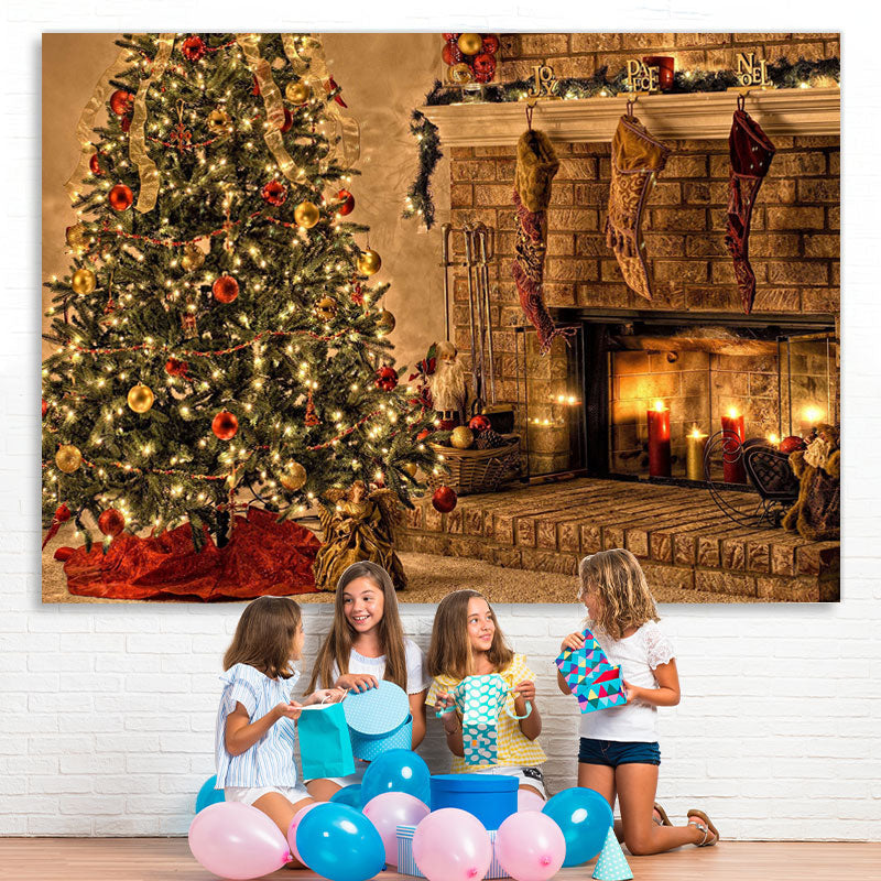 Lofaris Christmas Tree With Fireplace And Candles Backdrop