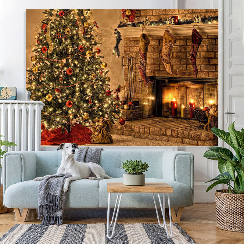 Lofaris Christmas Tree With Fireplace And Candles Backdrop