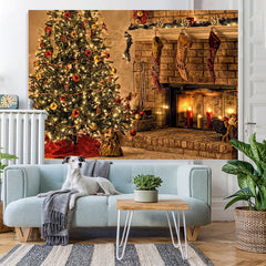 Lofaris Christmas Tree With Fireplace And Candles Backdrop