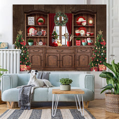 Lofaris Christmas Tree Wood Cupboard Red Backdrop for Party