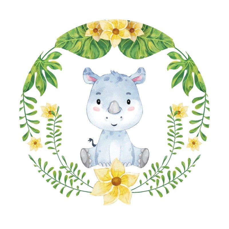 Lofaris Circle Blue Hippo Yellow Flower Happy Birthday Backdrop