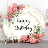 Lofaris Circle Green Leaves Glitter Happy Birthday Backdrop