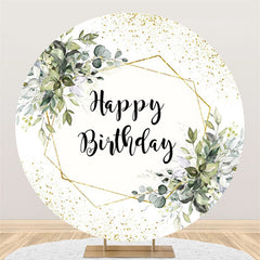 Lofaris Circle Green Leaves Glitter Happy Birthday Backdrop
