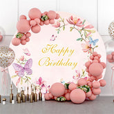 Lofaris Circle Pink Floral And Butterfly Happy Birthday Backdrop