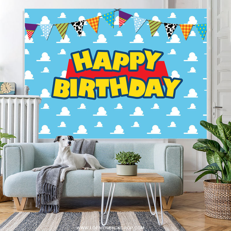 Lofaris Clouds With Flags Happy Birthday Backdrop For Kids