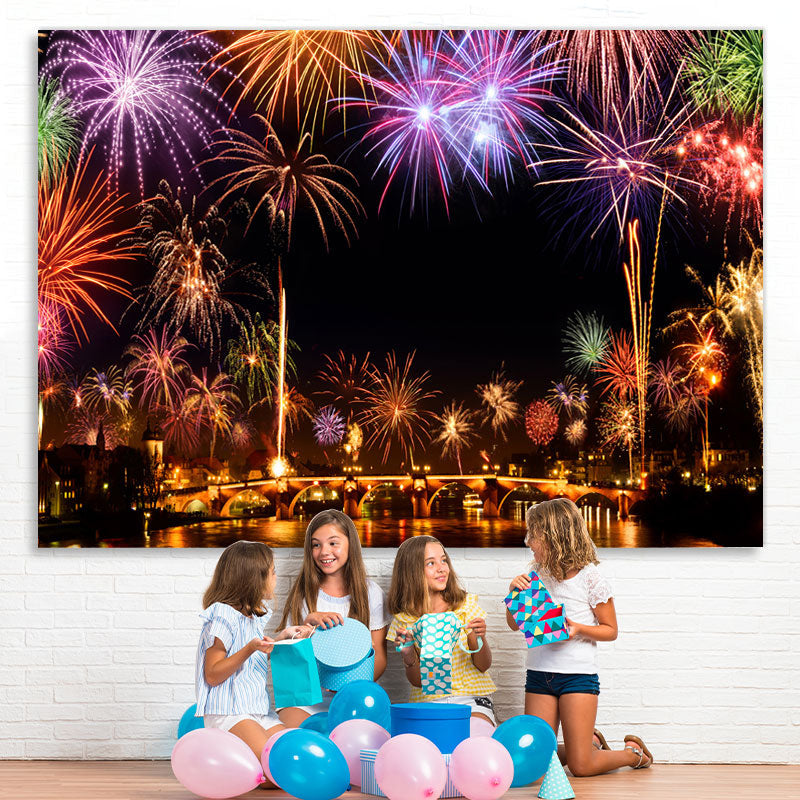 Lofaris Colored Firewokes And Lights Night Birthday Backdrop