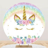 Lofaris Colored Flower Unicorn Round Happy Birthday Backdrop