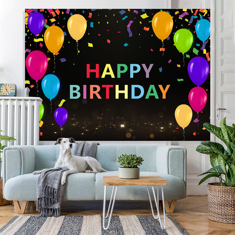 Lofaris Colored Ribbon Balloon Happy Birthday Black Backdrop for Party