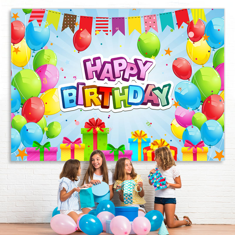Lofaris Colorful Balloon And Gift With Flags Birthday Backdrop