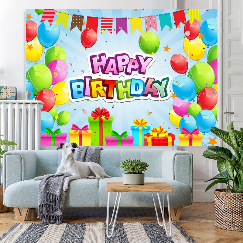 Lofaris Colorful Balloon And Gift With Flags Birthday Backdrop