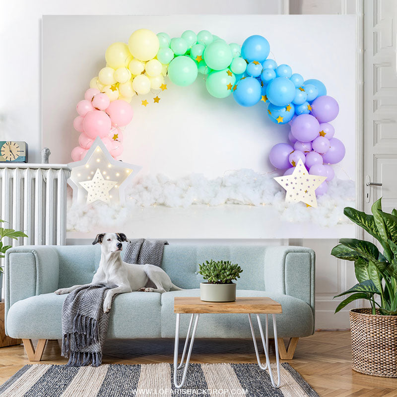 Lofaris Colorful Balloon Gold Star White Birthday Backdrop