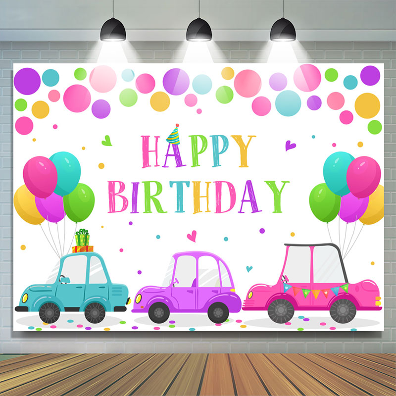 Lofaris Colorful Dots And Balloons Car Happy Birthday Backdrop