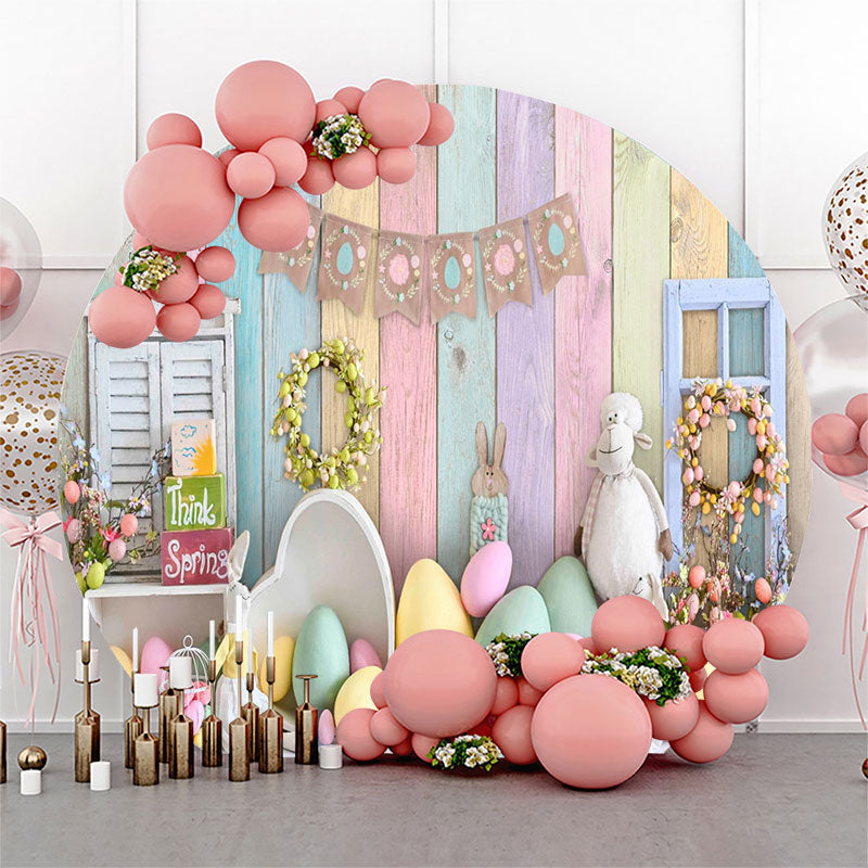 Lofaris Colorful Eggs Floral Wooden Circle Easter Backdrop