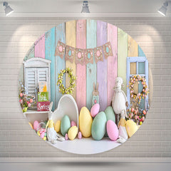Lofaris Colorful Eggs Floral Wooden Circle Easter Backdrop
