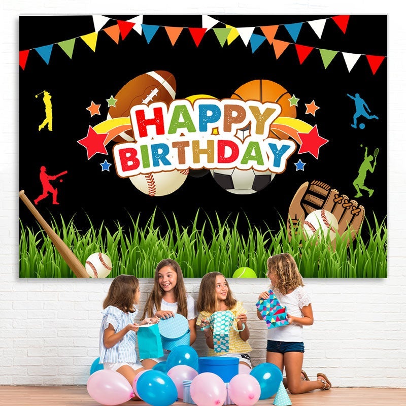 Lofaris Colorful Flags Stars Boy Sports Happy Birthday Backdrop