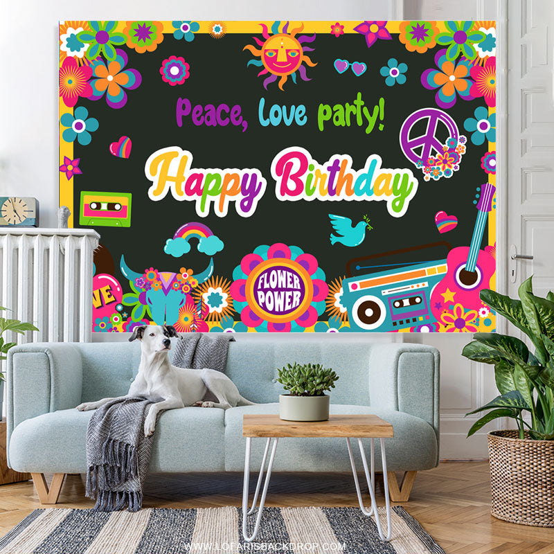 Lofaris Colorful Floral Peace Love Happy Birthday Party Backdrop