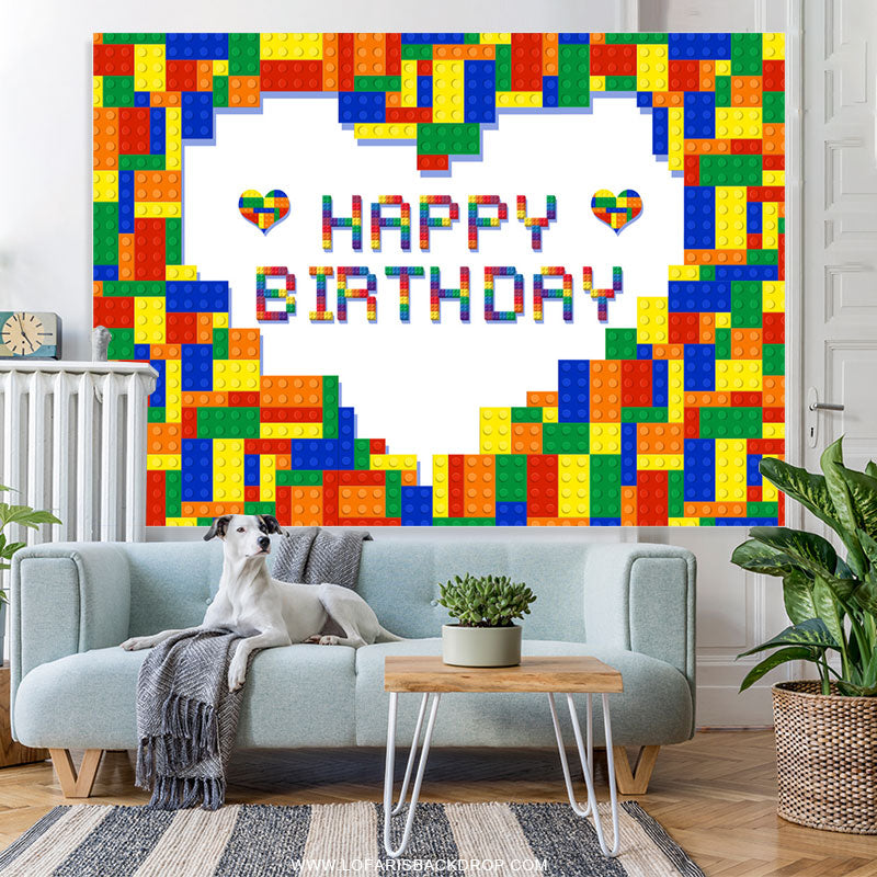 Lofaris Colorful Lego Brick Heart Happy Birthday Backdrop