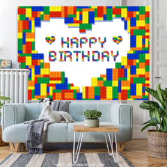 Lofaris Colorful Lego Brick Heart Happy Birthday Backdrop
