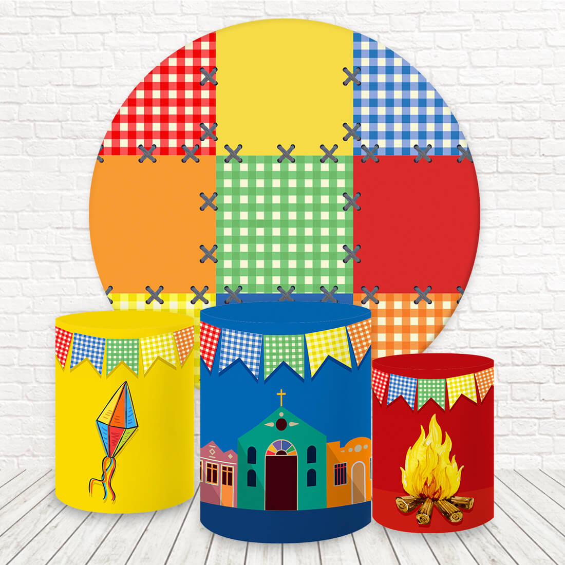 Lofaris Colorful Plaid Fiesta Church Round Birthday Backdrop Kit