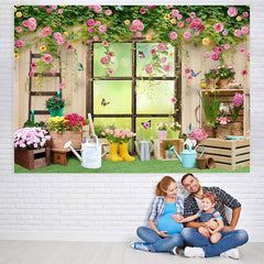 Lofaris Colour Floral And Butterfly Wooden Window Backdrop