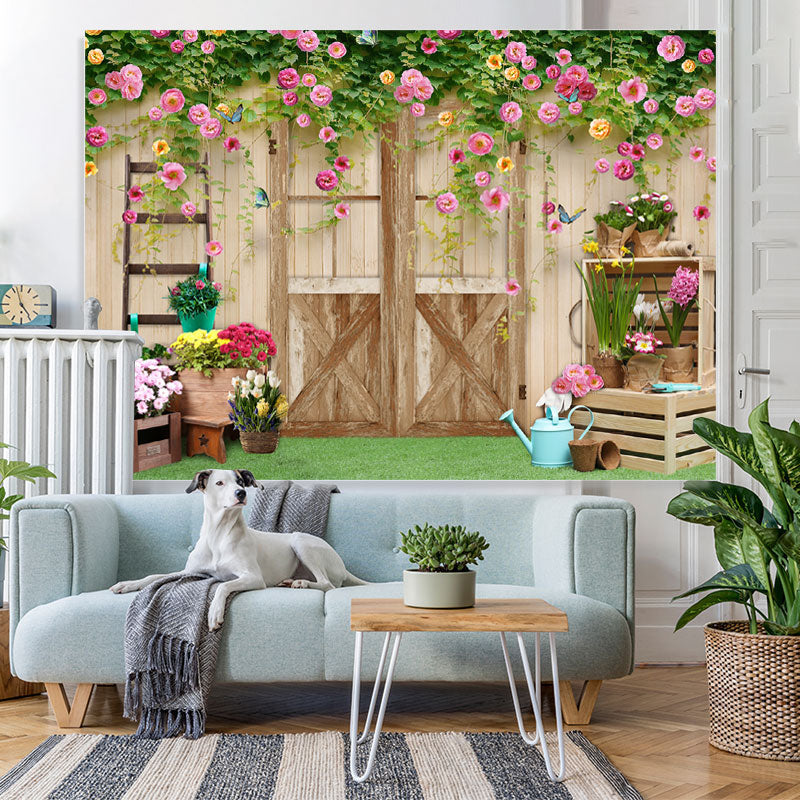 Lofaris Colour Floral And Wood Door Simple Backdrop For Girl