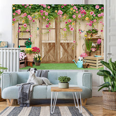Lofaris Colour Floral And Wood Door Simple Backdrop For Girl